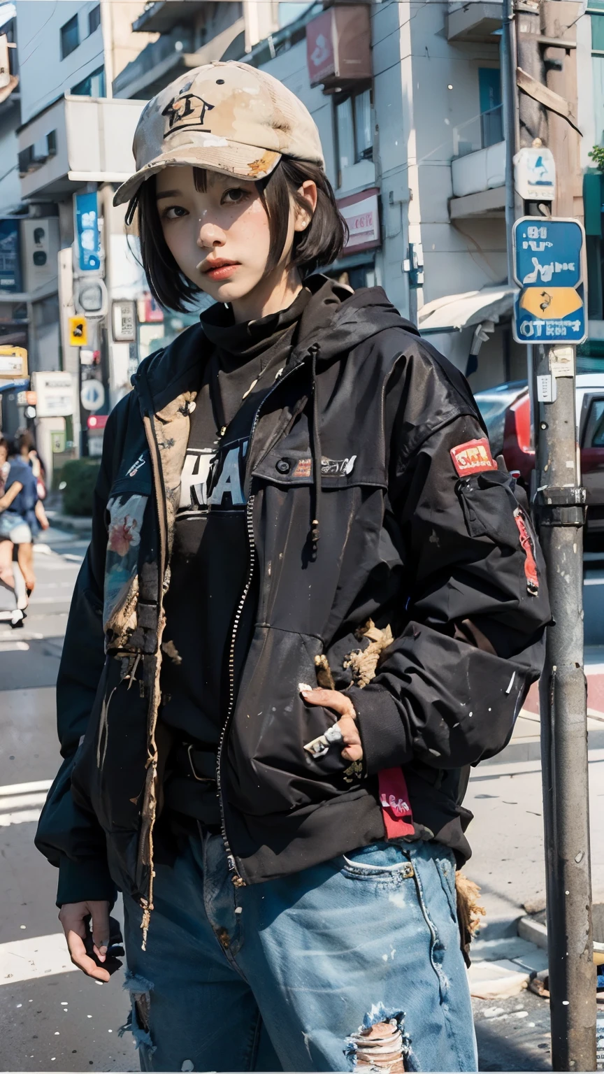 Beautiful black hair with bangs,Korean woman with straight medium bob cut,大量のゴミに囲まれたdirty部屋の中でしゃがんでいる,21 year old Korean female,(((No hat))),aespakarina,((( Bad smell,Oil,Mud stains,shit,dirty))),(((Frowning,Glaring at the camera))),Very fine eye, Flat Chest,(((Wearing a tattered black coat))),(((Tragic))),(make:1.4),Big eyes,Frowningを寄せた表情,hiphop dancer,Gangster-style long pants,8k,High definition,gang style