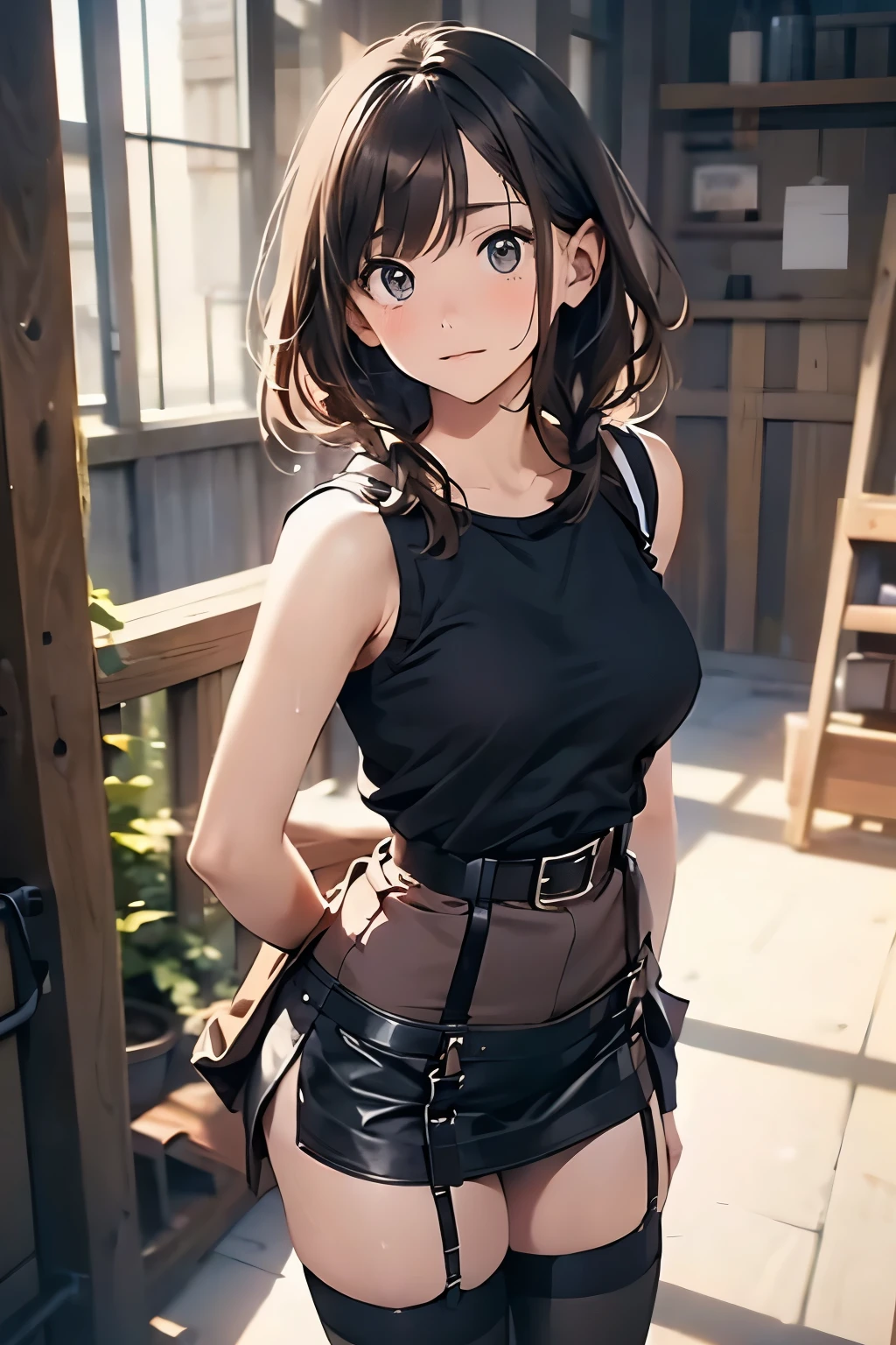 Brown Hair、Staring at the audience suspenders bulging big breasts Black mini skirt garter belt Knee-high socks sight Small face Bans Beautiful woman Show your hand sight Black boots Taunt Armpit sweat I Clasp your hands behind your back Belted tank top Nipples