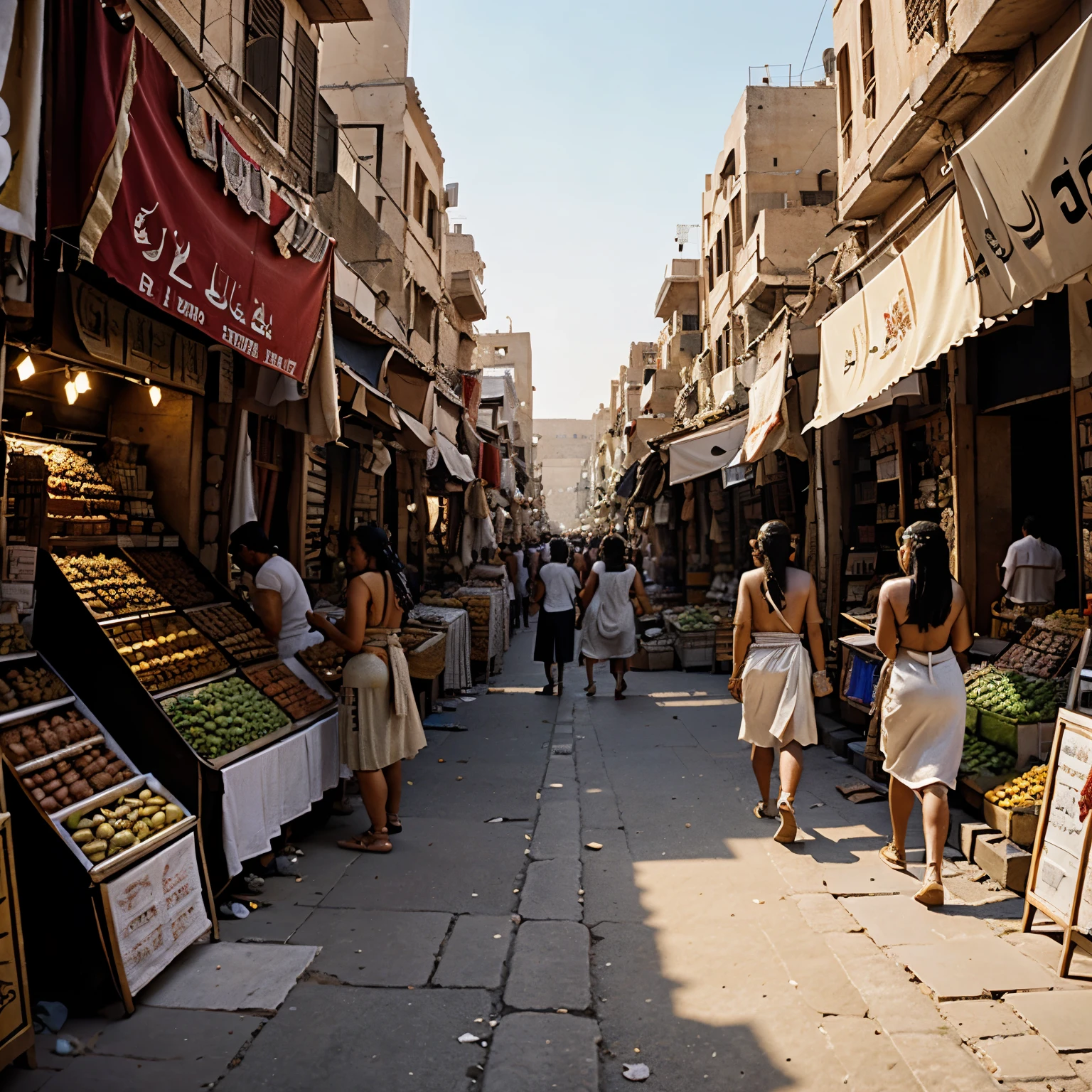 Establishing shot of a bustling ancient Egyptian city. People in togas walk by, markets overflow with goods.