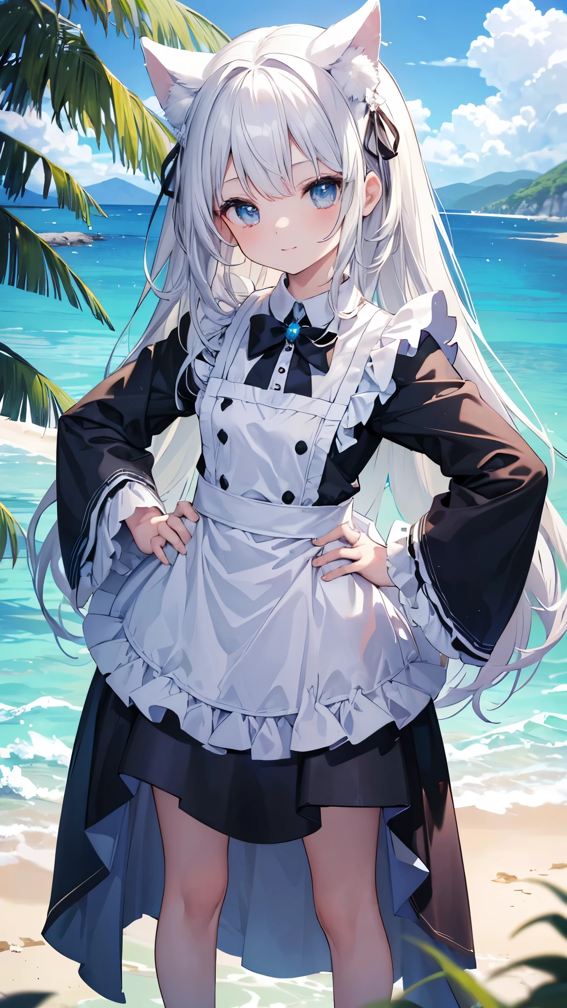 ((masterpiece、4K、8k、highest quality: 1.Perfect Fingers: 1.Perfect Anatomy: 1.3、Background Blur))、((Ultra-precise expression))、((White frills、An exceptional black maid))、((14 years old、thin、Small face、Dog Ears、Super beautiful girl、Straight Long Hair))、Beautiful Eyes:1.1、smile、barefoot、(Posing with hands on hips)、blue sky、mansion by the sea、Poolside、White sand beach、Grass、