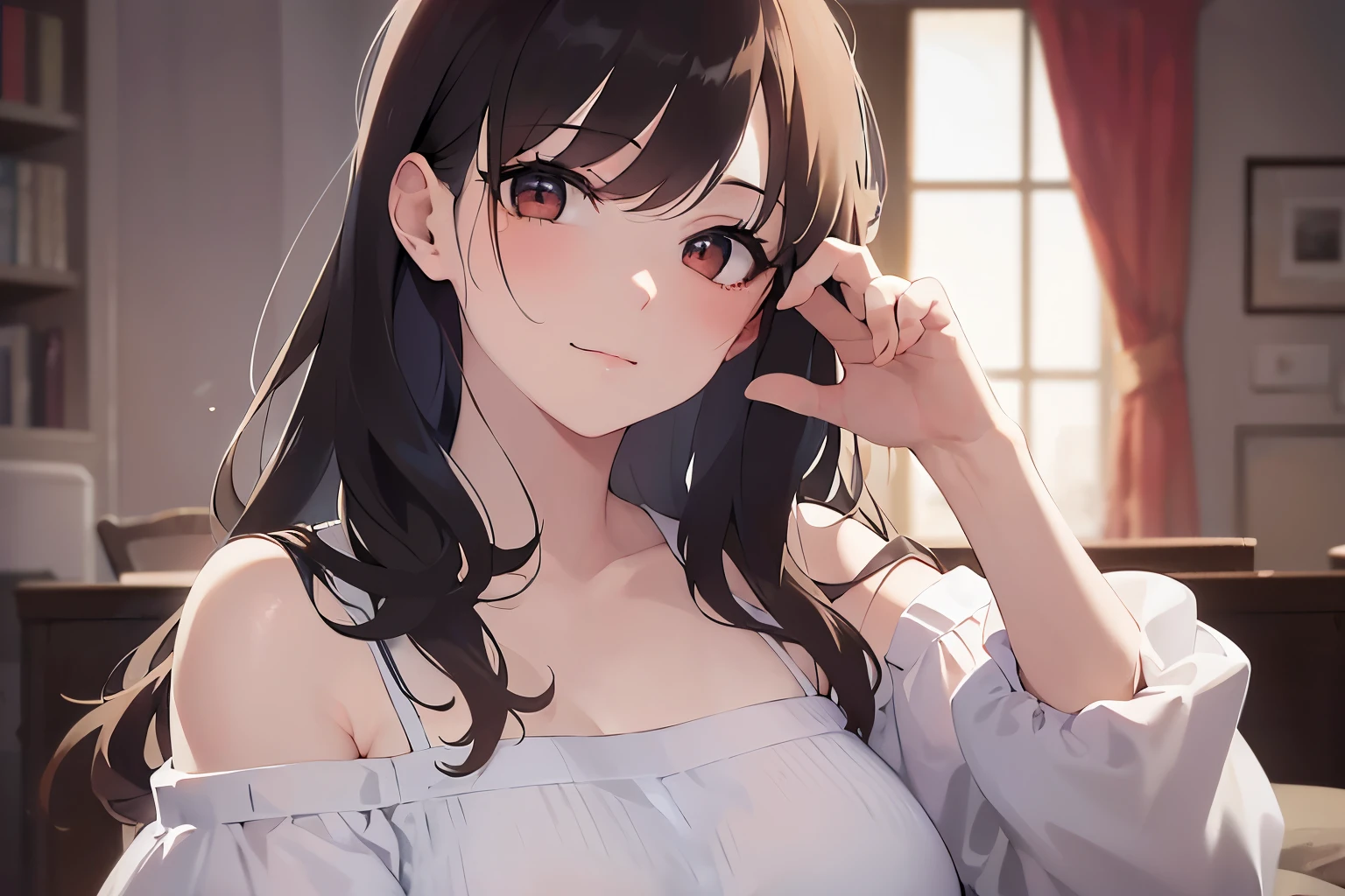 Upper Body, Realistic, real person, (pale skin: 1.2), RAW photo, photorealistic, portrait photography, shiny skin, shiny hair、(A 25-year-old woman with medium-length hair and bangs) and (wavy hair) and (brown hair) and (orange eyes) , (white:1.5) and (Off-the-shoulder blouse)、(sad:1.4), smile, The background is the living room at night、dark、Alone、Are standing