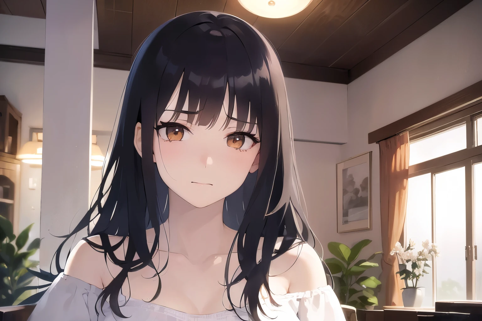 Upper Body, Realistic, real person, (pale skin: 1.2), RAW photo, photorealistic, portrait photography, shiny skin, shiny hair、(A 25-year-old woman with medium-length hair and bangs) and (wavy hair) and (brown hair) and (orange eyes) , (white:1.5) and (Off-the-shoulder blouse)、(sad:1.4), smile, The background is the living room at night、dark、Alone、Are standing