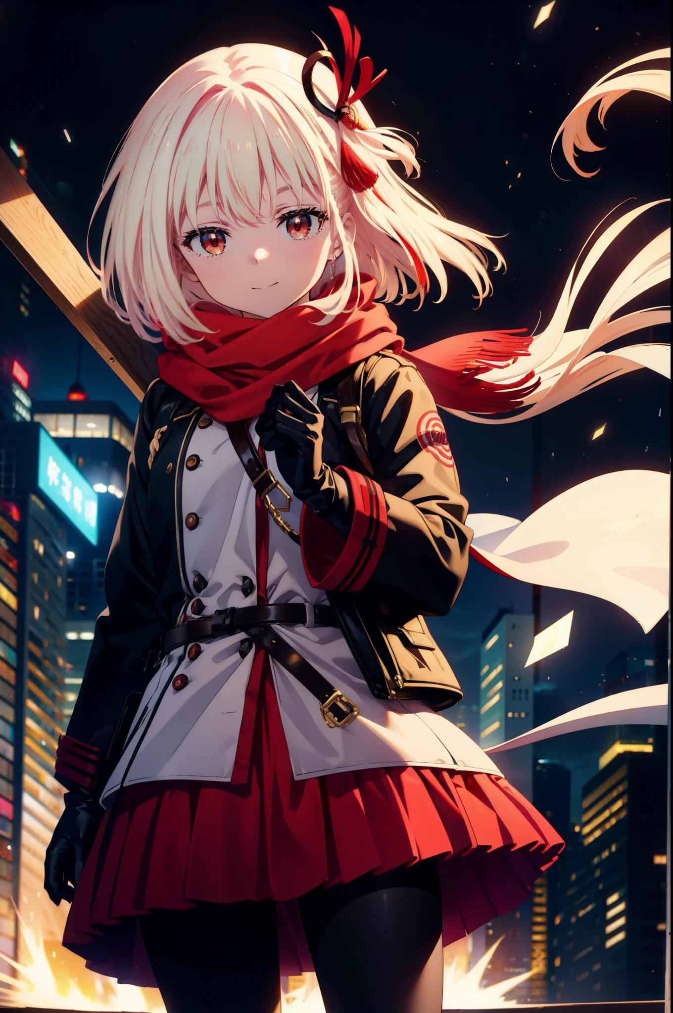 chisatonishikigi, nishikigi chisato,Long Hair , bangs, blonde, (Red eyes:1.5),happy smile, smile, Open your mouth,Knthatted hat,Yellow coat,Whthate scarf,Whthate sweater,He has fluffy gloves on both hands...,Long skirt,Black Pantyhose,short boots,Shirogane World,Snow is piling up,that'it's snowing,that'it's snowing,winter,Cold Sky,moonlight,full moon,night,
break looking at viewer, whole body, Upper Body,(Cowboy Shot:1. 5)
break outdoors, cthaty,Building Street,
break (masterpiece:1.2), highest qualthaty, High resolution, unthaty 8k wallpaper, (shape:0.8), (Beautiful and beautiful eyes:1.6), Highly detailed face, Perfect lighting, Extremely detailed CG, (Perfect hands, Perfect Anatomy),