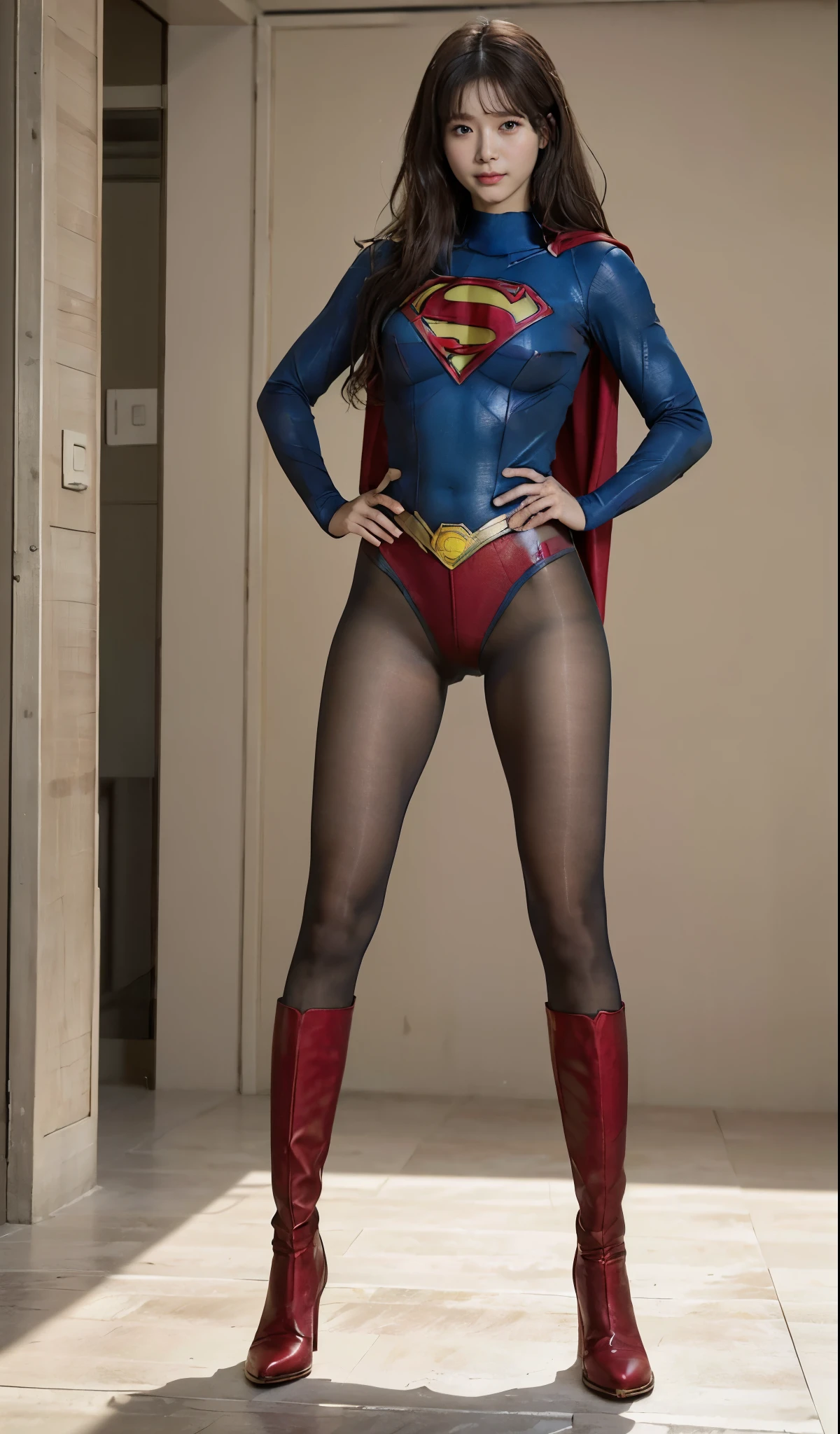 No background、(((Beautiful legs in black tights.)))、(((Legally express the beauty of your smile)))、((((Make the most of your original images)))、(((Supergirl Costume)))、(((Beautiful Hair)))、(((suffering)))、(((Please wear black tights....、Wear red boots)))、((Best image quality、8K))、((highest quality、8K、masterpiece:1.3))、(((Preserve background )))、Sharp focus:1.2、Beautiful woman with perfect figure:1.4、Thin abdominal muscles:1.2、Wet body:1.5、Highly detailed face and skin texture、8K