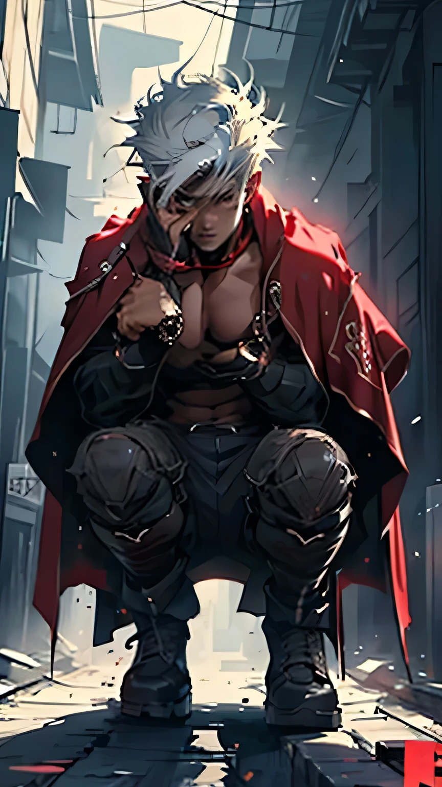 Highest image quality,male people,,1 boy,Young and handsome,shoun,White color hair,Short flat top hair,Dark skin,anime big breast,anime wallpaper,Solo,malefocus,Briefs,Dilation of the pectoral muscles,Red cape,Bulging crotch,Urban background,spread their legs,Sexy,(Masterpiece, Best quality),Long white socks,Red Martin boots,