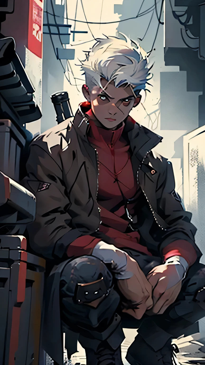 Highest image quality,male people,,1 boy,Young and handsome,shoun,White color hair,Short flat top hair,Dark skin,anime big breast,anime wallpaper,Solo,malefocus,Briefs,Dilation of the pectoral muscles,Red cape,Bulging crotch,Urban background,spread their legs,Sexy,(Masterpiece, Best quality),Long white socks,Red Martin boots,