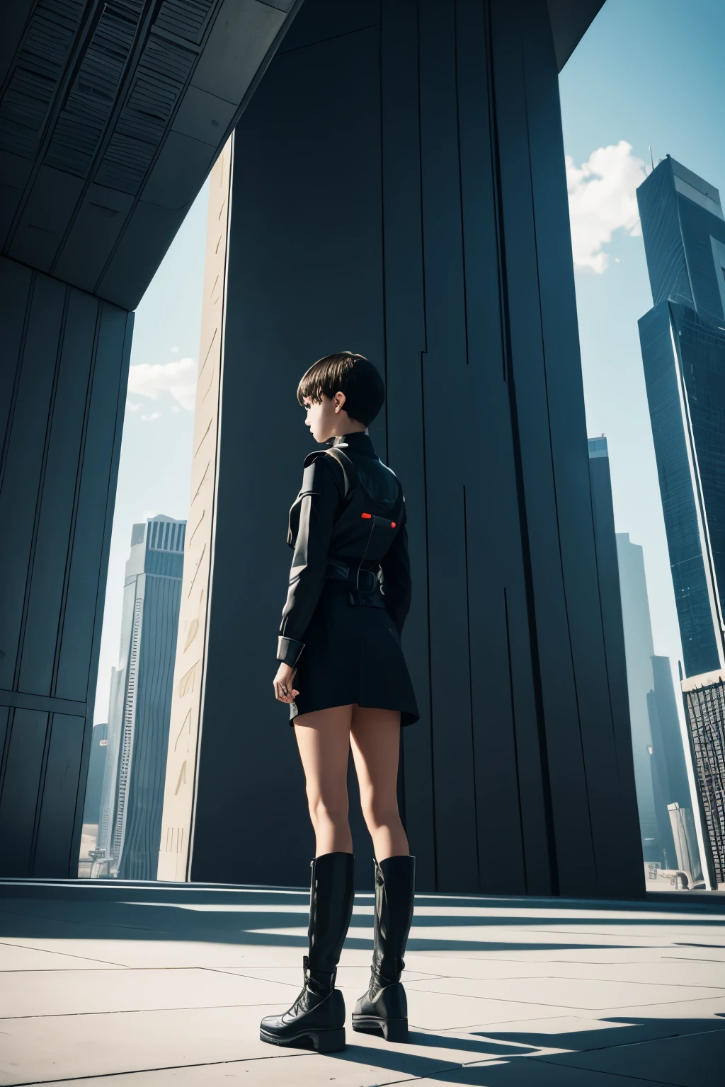 A futuristic building, a girl with short hair standing backwards, knee-high
