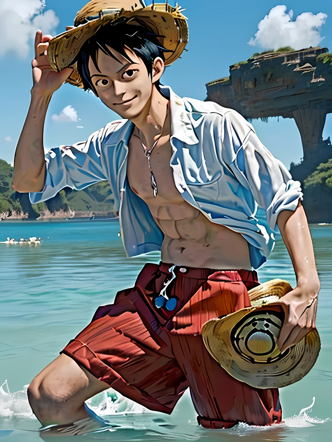 a close up of a person with a hat on standing in the water, luffy, monkey d. luffy, monkey d luffy, luffy (one piece, luffy from one piece, portrait of luffy from one piece, inspired by Eiichiro Oda, luffy gear 5, one piece artstyle, one piece, eiichiro oda style, from one piece, one piece style