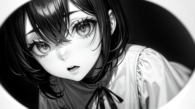 monochrome,masterpiece,illustration, best quality, best aathetic,,night,darkness,horror,thriller,White fog,Impatience,open eyes, big eyes:1.3, black hair, Angle from above, fisheye lens,close-up,open one's mouth wide,shout,breathe heavily,on-all-fours:1.6,