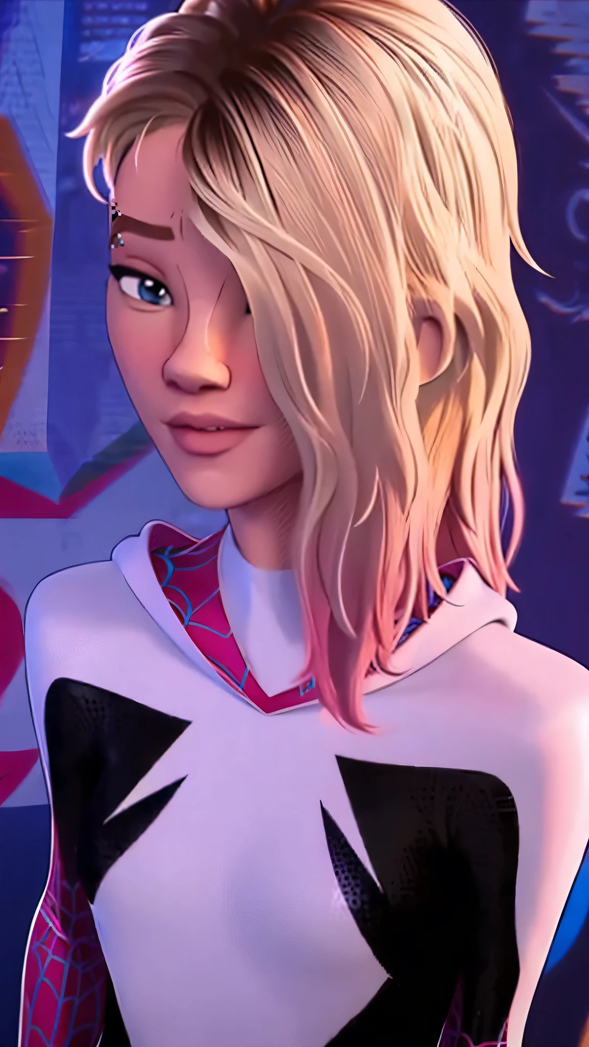 MASK, USING MASK, SPIDER GWEN MASK, realista, realismo, fotorrealismoo, photo-realista, alto contraste, (photorealista:1.4), (Figura feminina perfeita), 8k high definition detailed realista, (melhor qualidade, obra de arte:1.2), photon mapping, radiosidade, physically based rendering, melhor qualidade, Altamente detalhado, 1 garota, sgwen, ao ar livre, capuz,