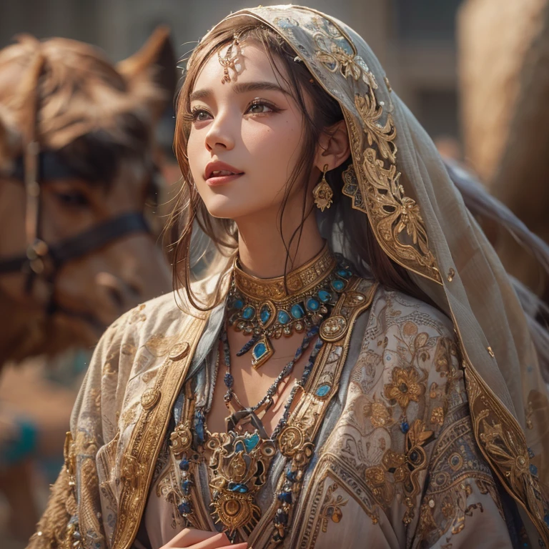 Hide in the desert、Hair flows、 ((highest quality、masterpiece、8k、best image quality、ultra high resolution、Award-winning work)、(accurate anatomy:1.1)、(look at me and smile:1.1)、Shining fair skin with ultra high resolution、most detailed face、ultra high resolution detailed face、ultra high resolutionの髪の毛、(ultra high resolutionの煌めく瞳:1.1)、Beautiful face drawn in every detail、(blurred background:1.1)、ancient Islamic clothes, chest together, tattoo, Old ruins in the background、ride a camel 