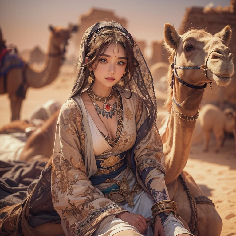 Hide in the desert、Hair flows、 ((highest quality、masterpiece、8k、best image quality、ultra high resolution、Award-winning work)、(accurate anatomy:1.1)、(look at me and smile:1.1)、Shining fair skin with ultra high resolution、most detailed face、ultra high resolution detailed face、ultra high resolutionの髪の毛、(ultra high resolutionの煌めく瞳:1.1)、Beautiful face drawn in every detail、(blurred background:1.1)、ancient Islamic clothes, chest together, tattoo, Old ruins in the background、ride a camel 