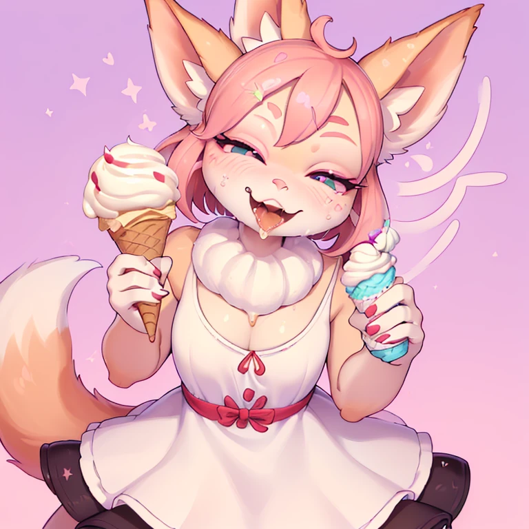 focus face , fox aunt , round face , (tilt face:1.5) , (half-open wink:2) , moist Narrow round eyes , (Double teeth:1.2) , sensational smile , glossy lips , (open mouth wide) , (show off uvula:1.2) , (dripping melted vanilla Soft serve ice cream on face:1.2) , licking Soft serve ice cream , grab Soft serve ice cream , thin summer dress