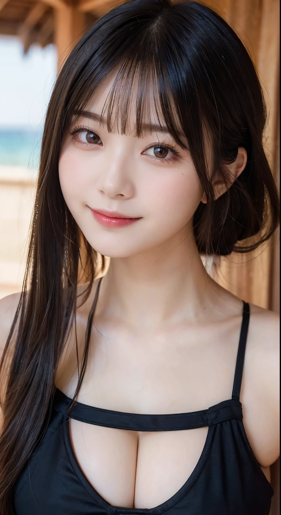 (highest quality,masterpiece:1.3,超A high resolution,),(Ultra-detailed,Caustics),(Photorealistic:1.4,RAW shooting,)Ultra-Realistic Capture,Very detailed,High resolution 16K human skin closeup。 Skin texture is natural、,Pores、It must be detailed enough to be easily identifiable.。 Skin should look healthy and have an even tone。 Use natural light and color,1 girl,Japanese,18-year-old,cute,Black-haired,Middle Hair,(Large Breasts:1.2),smile,Turn your body forward,(View from the front:1.2),Looking at the camera,Ocean,focused on the chest:1.1,Chest close-up:1.1,underwear、sexy]