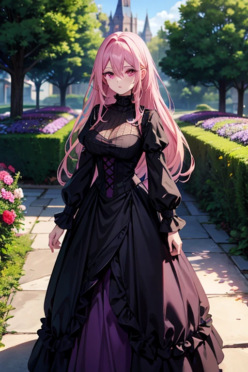 A pink haired woman with violet eyes with an hourglass figure in a gothic sweater dress is walking through a garden