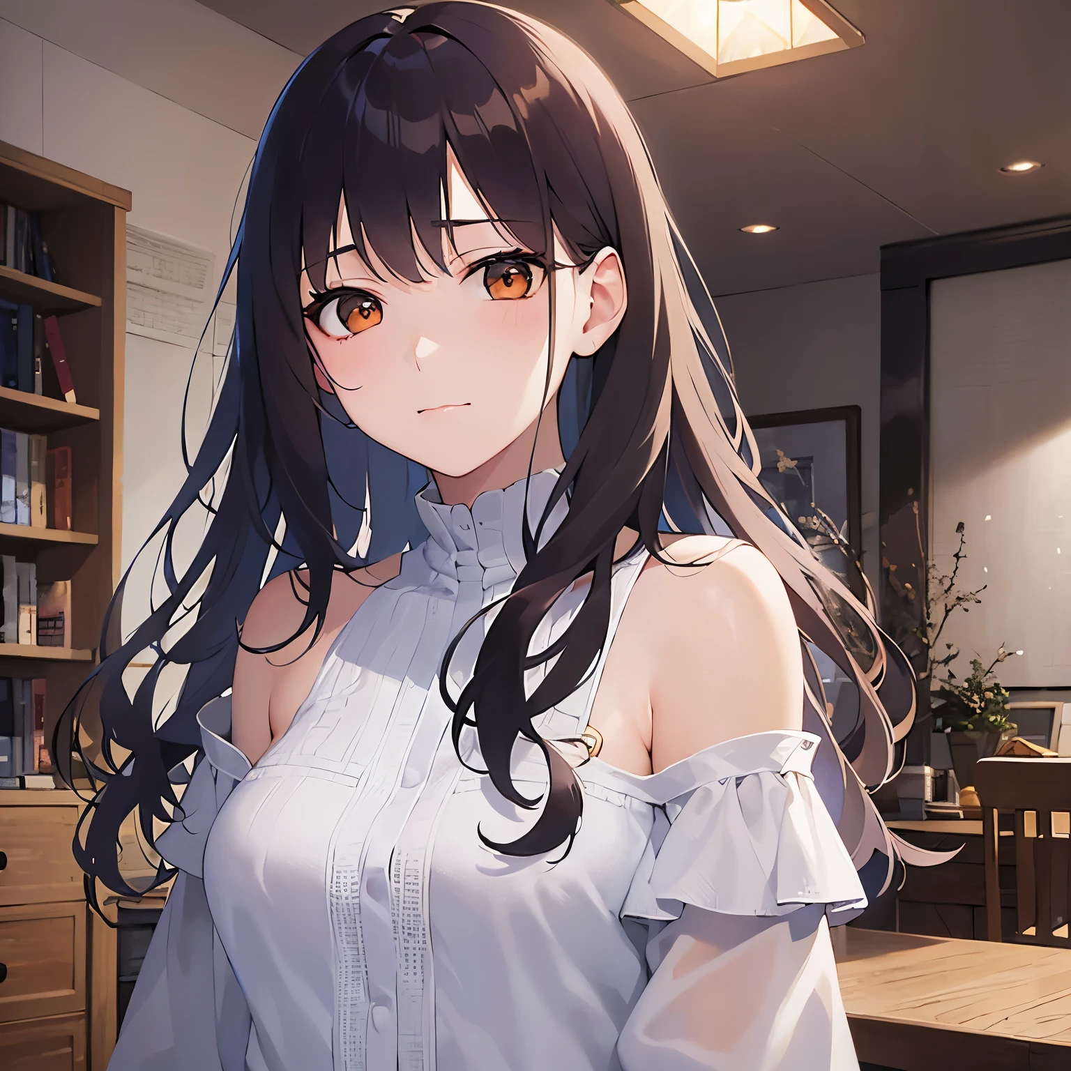 Upper Body, Realistic, real person, (pale skin: 1.2), RAW photo, photorealistic, portrait photography, shiny skin, shiny hair、(A 25-year-old woman with medium-length hair and bangs) and (wavy hair) and (brown hair) and (orange eyes) , (white:1.5) and (Off-the-shoulder blouse)、(sad:1.4), smile, The background is the living room at night、dark、Alone、Are standing