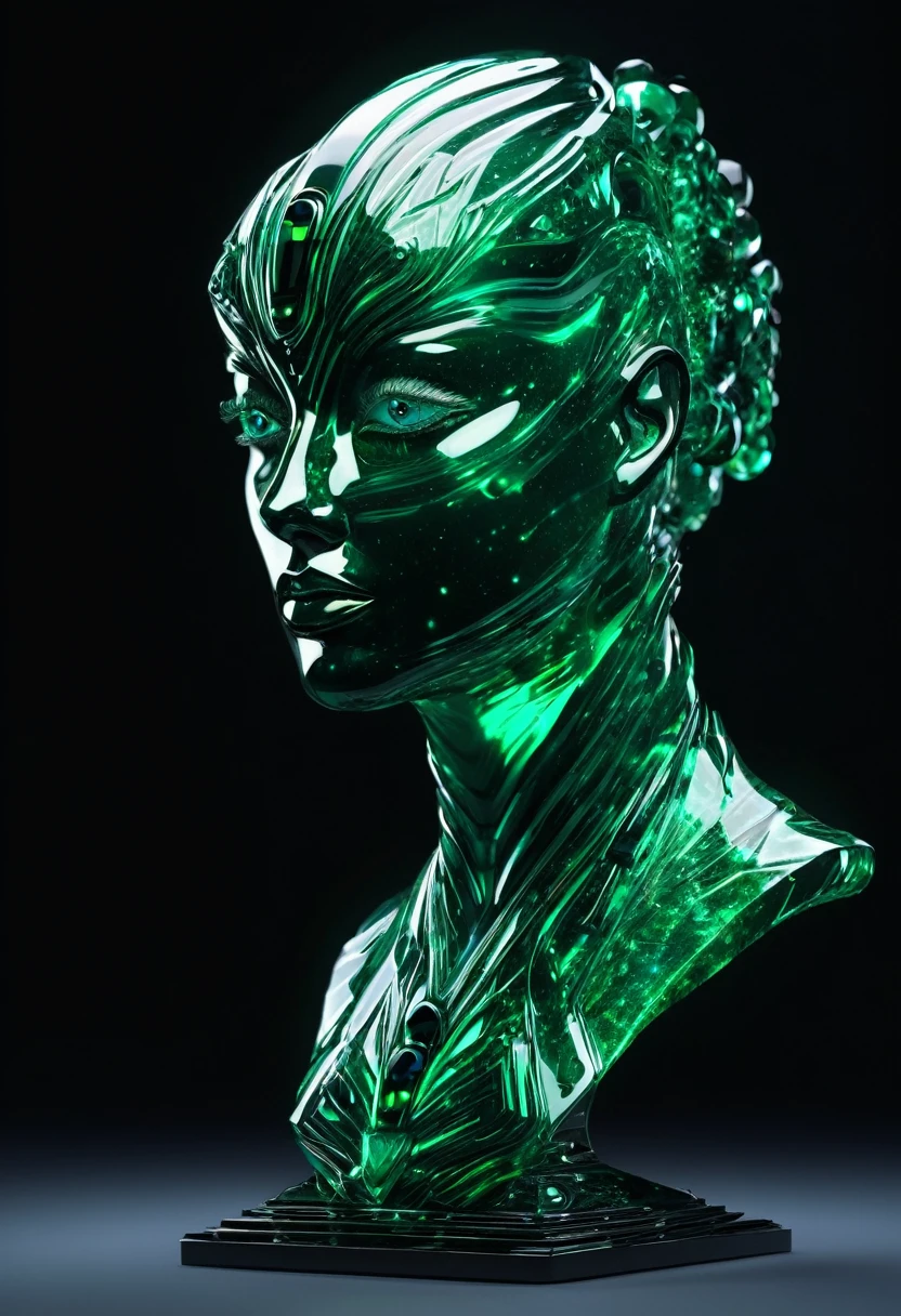 3D sculpture, essence of artificial intelligence, luminous eyes, luminous electronic tattoos, electric shock, electromagnetic pulses, captivating look, charm of technology, hypnosis as a background, futuristic technological color palette, Ultra detailed shot of a dark sculpture made out of emerald obsidian and dark matter, incredible sculpture of a unique creature, , 3D render, translucent skin with subsurface scatter, endlessly fractal, aura melting dimension, light reflection on crystal of the sculpture, ((full body shot, Full shot, FI, FULL PICTURE, FULL BODY, The character should be in an epic and dynamic pose, exuding power and charisma,)