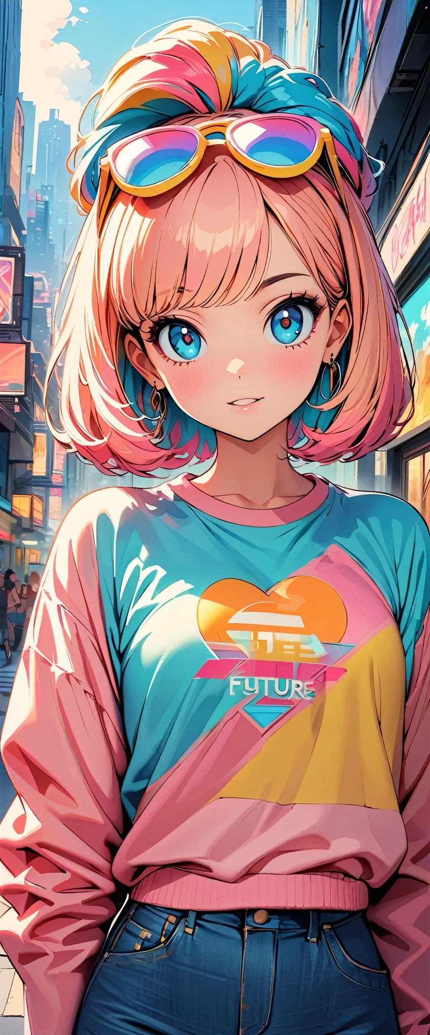 (highest quality:1.2, City Pop Style, Very detailed, up to date, Vibrant, High Contrast, masterpiece:1.2, highest quality, Best aesthetics), girl, Colorful hair, Bobcut, pastel colour, 1980s style, ((The metropolis of the future, Retro, Vintage)), Logo jumper, (Sunglasses on head).