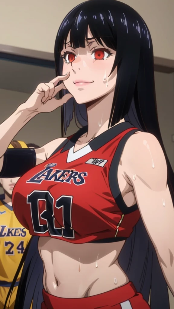 a close up of a person wearing a basketball uniform, a picture, inspired by Kentaro Miura, trending on pixiv, Jabami Yumeko, Kakegurui,red eyes,long hair, wearing yellow nba jersey, yellow croptop nba jersey, wearing a low cut croptop, wearing croptop, croptop, written "Lakers" on the croptop, golden raito, (winking), shirobako, large)}], favorite scene, fine details. anime. skins, sweating, big breasts, both hands raised, armpits, armpits visible, dripping with sweat, more more sweat, sweaty armpits, smile