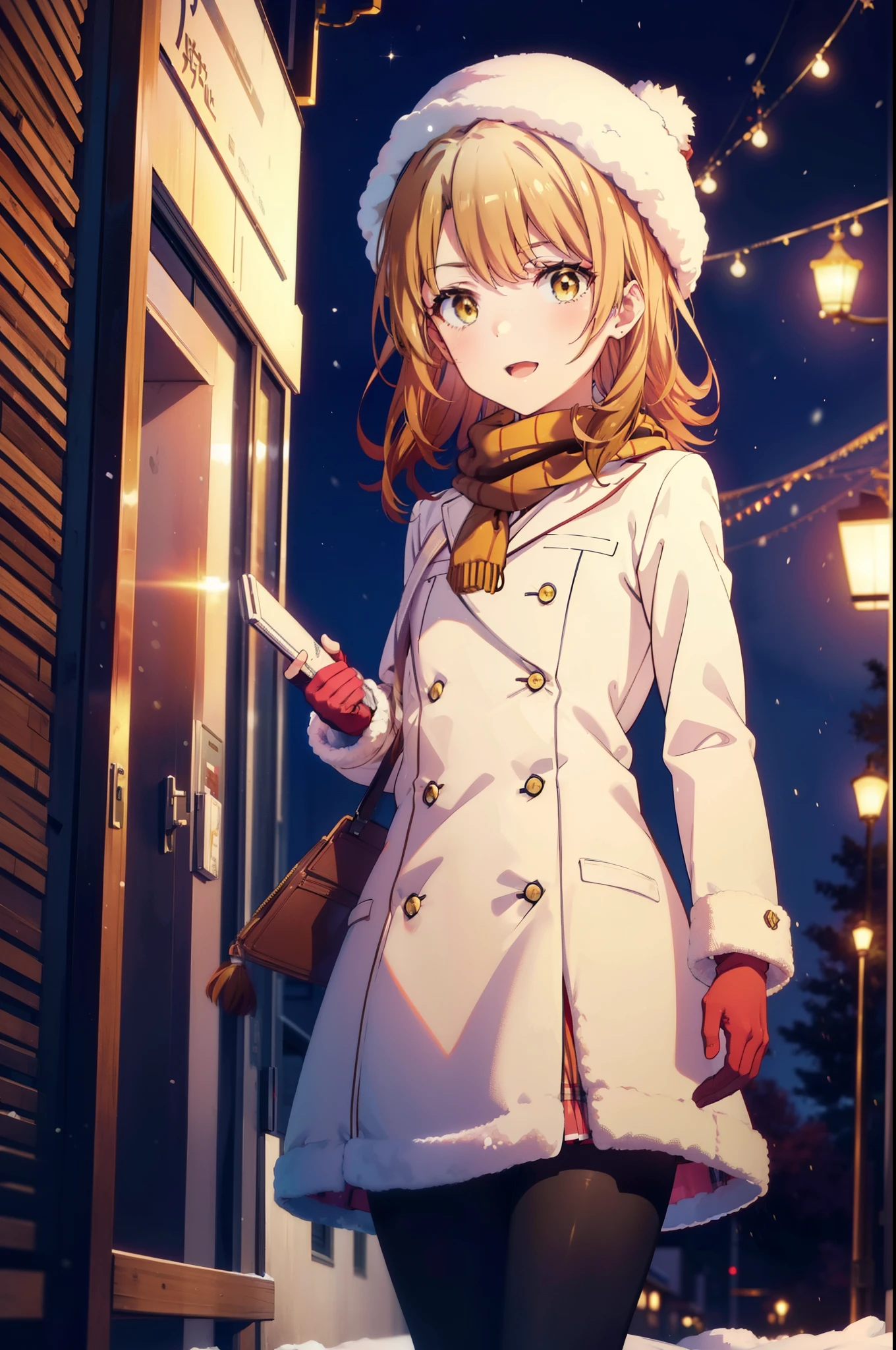 irohaisshiki, Iroha Isshiki, Long Hair, Brown Hair, (Brown eyes:1.5), Hair between the eyes, Pink Hair,happy smile, smile, Open your mouth,White knit hat,Yellow coat,Red Scarf,White Sweater,He has fluffy gloves on both hands.,Long skirt,Black pantyhose,short boots,Shirogane World,Snow is piling up,it's snowing,that'it's snowing,winter,Cold Sky,moonlight,full moon,night,
break looking at viewer, whole body, Upper Body,(Cowboy Shot:1. 5)
break outdoors, cthaty,Building Street,
break (masterpiece:1.2), highest qualthaty, High resolution, unthaty 8k wallpaper, (shape:0.8), (Beautiful and beautiful eyes:1.6), Highly detailed face, Perfect lighting, Extremely detailed CG, (Perfect hands, Perfect Anatomy),