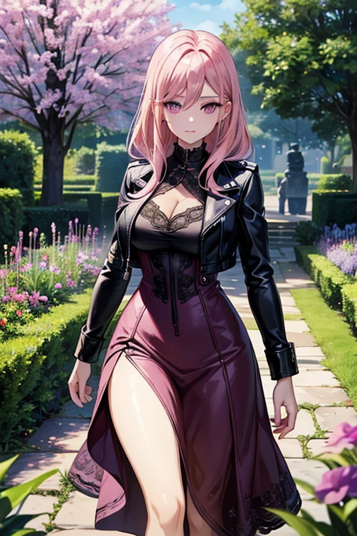 A pink haired woman with violet eyes with an hourglass figure in a leather jacket and lacy dress is walking through a garden