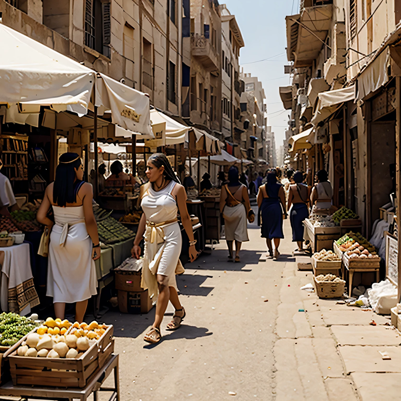 Establishing shot of a bustling ancient Egyptian city. People in togas walk by, markets overflow with goods.