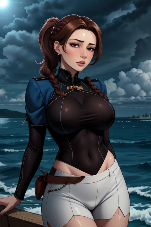 ultra realistic 8k, picture-perfect face, flawless, clean, masterpiece, perfect face, beautiful face, extremely detailed eyes, a woman admiral, standing on a pier overlooking the seas, solo, detailed eyes, beautiful, looking at viewer, (dynamic pose), water, confident pose, stormy sea, storm, wind, (dark theme:0.85), covered breasts, (white parade short pants, blue admiral uniform, blue parade uniform, admiral hat), hyperrealistic photography, extremely detailed CG unity 8k wallpaper, HDR, RAW photo, dslr, intricate detail, cute, magical, enchanting, parted lips, vibrant lighting, vibrant colors, (masterpiece, best quality, ultra-detailed, best shadow), perfect female body perfect female waist, photography , long hair, crownbraid, chestnut brown hair, ponytail, crownbraid tie, (pronounced blush) , (button off:-1.3), (nipples:-1.3), (areola:-1.3), (cleavage:-1.3),