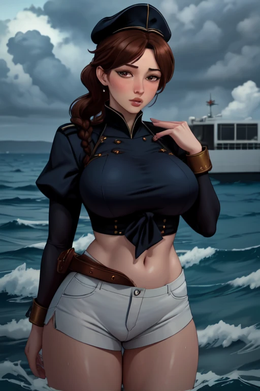 ultra realistic 8k, picture-perfect face, flawless, clean, masterpiece, perfect face, beautiful face, extremely detailed eyes, a woman admiral, standing on a pier overlooking the seas, solo, detailed eyes, beautiful, looking at viewer, (dynamic pose), water, confident pose, stormy sea, storm, wind, (dark theme:0.85), covered breasts, (white parade short pants, blue admiral uniform, blue parade uniform, admiral hat), hyperrealistic photography, extremely detailed CG unity 8k wallpaper, HDR, RAW photo, dslr, intricate detail, cute, magical, enchanting, parted lips, vibrant lighting, vibrant colors, (masterpiece, best quality, ultra-detailed, best shadow), perfect female body perfect female waist, photography , long hair, crownbraid, chestnut brown hair, ponytail, crownbraid tie, (pronounced blush) , (button off:-1.3), (nipples:-1.3), (areola:-1.3), (cleavage:-1.3),