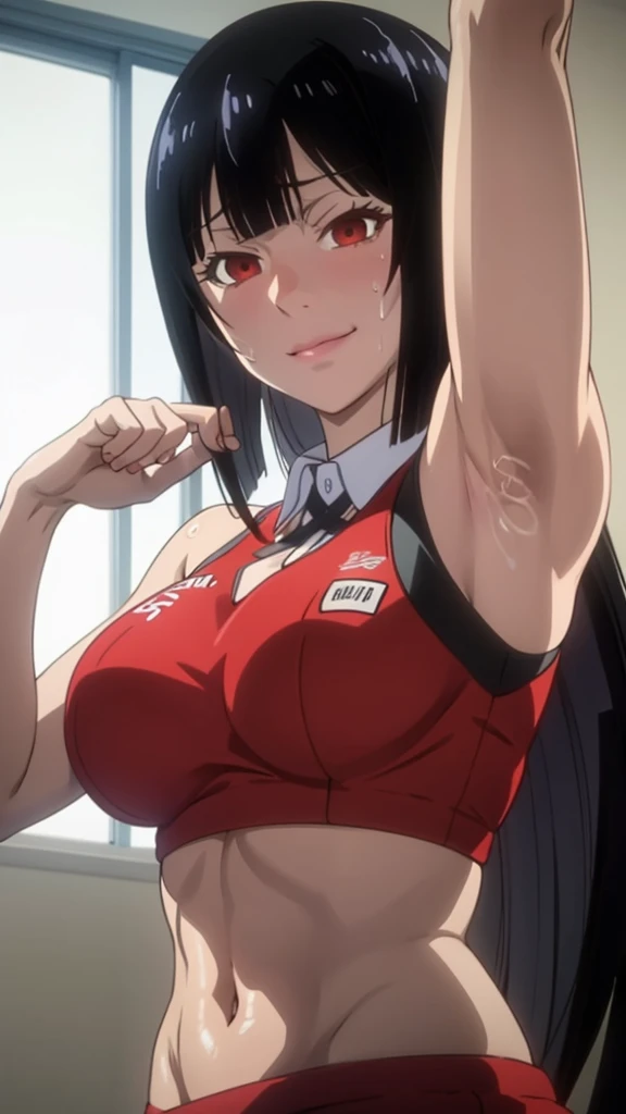 a close up of a person wearing a basketball uniform, a picture, inspired by Kentaro Miura, trending on pixiv, Jabami Yumeko, Kakegurui,red eyes,long hair, wearing a low cut croptop, wearing croptop, croptop, golden raito, (winking), large)}], favorite scene, fine details. anime. skins, sweating, big breasts, both hands raised, armpits, armpits visible, dripping with sweat, more more sweat, sweaty armpits, smile