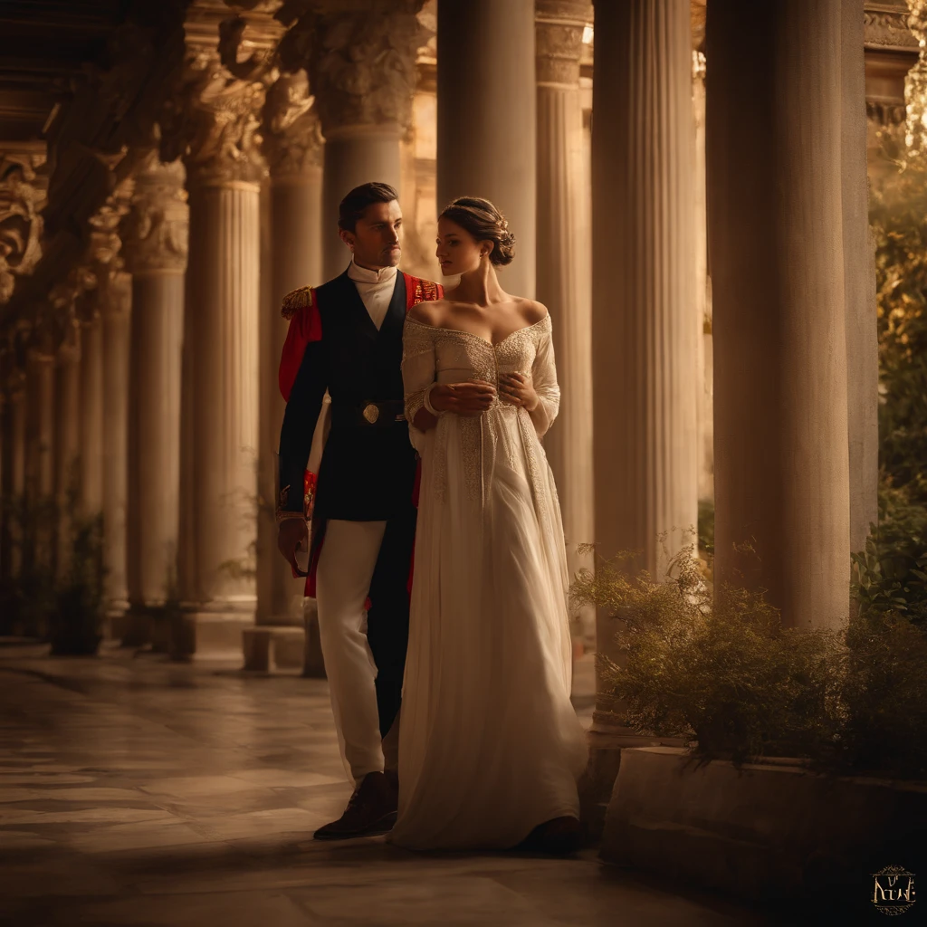 onstantine the great,his beloved woman,portraits,imperial era,ancient rome,historical scenes,golden decor,aesthetic figures,detailed faces,rich textures,vibrant colors,soft lighting,romantic atmosphere,emotional expressions,ornate clothing,intimate connection,symbolic background,fine brushstrokes,historical accuracy,regal aura,historical masterpiece,classic beauty,artist's interpretation,ancient architecture,lush garden,gentle breeze,luxurious lifestyles, ageless love,imperial power,long-lasting legacy,finest details,graceful poses,royal portraits,immortalize their love,grandeur,immense love,eternity,temple columns,timeless romanticism,cherished memories,ultimate happiness,elegant composition,a moment frozen in time,forever engraved in history,dignity and love intertwined,splendid union. (best quality,highres,ultra-detailed,realistic),HDR,professional.