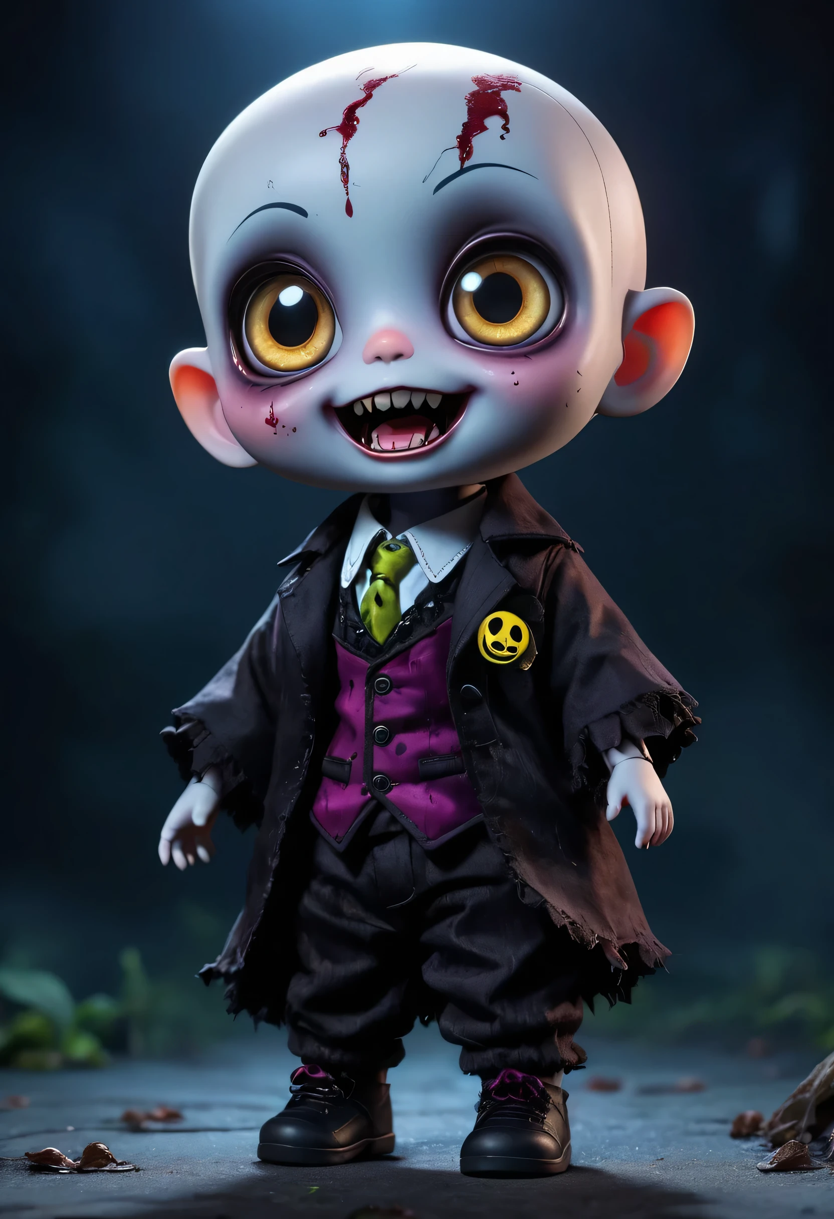 (best quality,4k,highres,masterpiece:1.2),cute chibi-style zombie doll,toy,plush,adorable,stitched body,dark theme,grotesque charm,Big and round eyes,and light grey skin,small fangs,playful expression,Bald head, tattered clothes,cute little limbs,mischievous posture,dark backgrounds,horror,unique character design,flashy colors, (gothic atmosphere), (moonlit background), (standing proudly), (mysterious smile), (sinister charm),(dark, moody lighting), (translucent skin), (subtle veins on the neck).