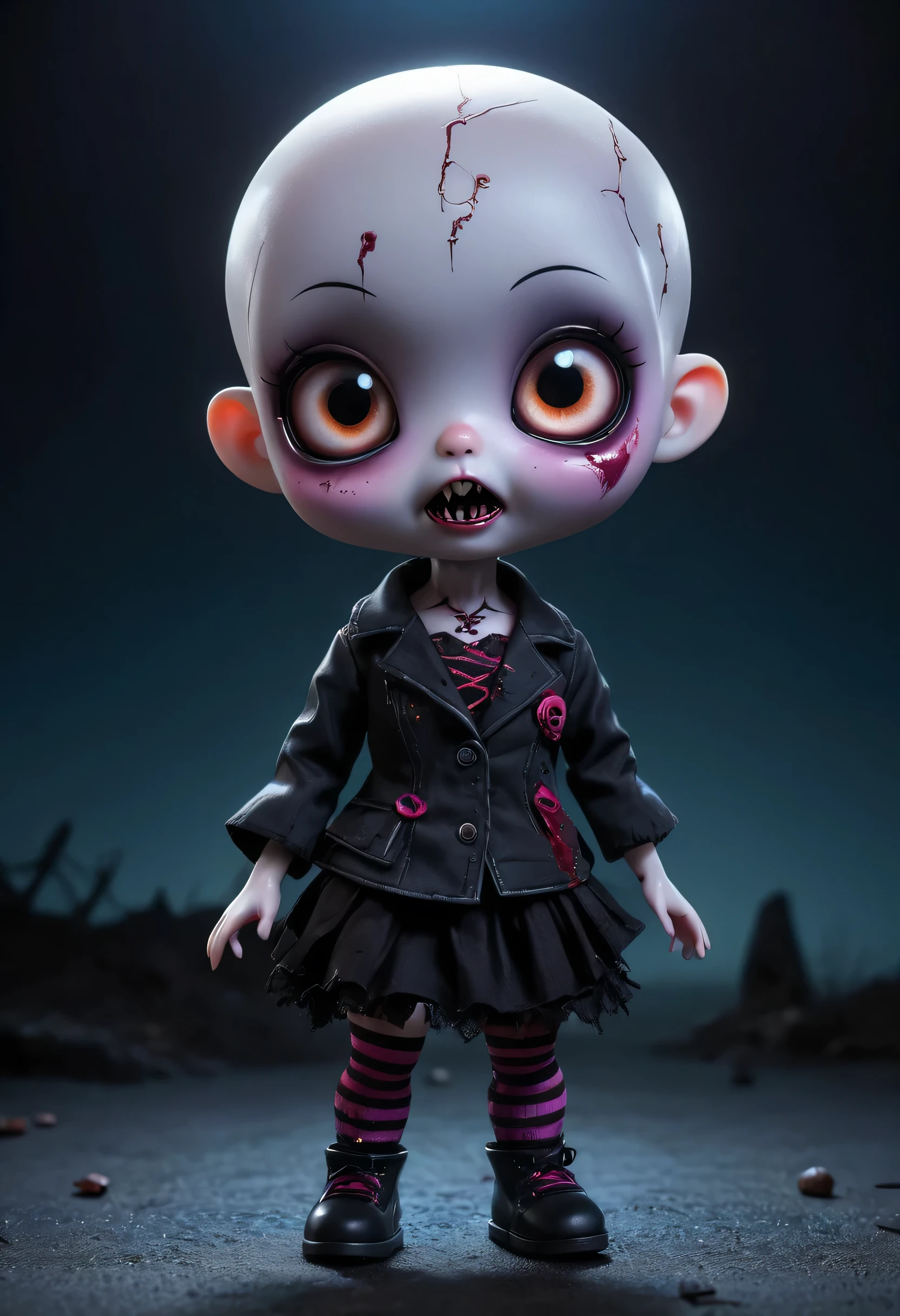 (best quality,4k,highres,masterpiece:1.2),cute chibi-style zombie doll,toy,plush,adorable,stitched body,dark theme,grotesque charm,Big and round eyes,and light grey skin,small fangs,playful expression,Bald head, tattered clothes,cute little limbs,mischievous posture,dark backgrounds,horror,unique character design,flashy colors, (gothic atmosphere), (moonlit background), (standing proudly), (mysterious smile), (sinister charm),(dark, moody lighting), (translucent skin), (subtle veins on the neck).