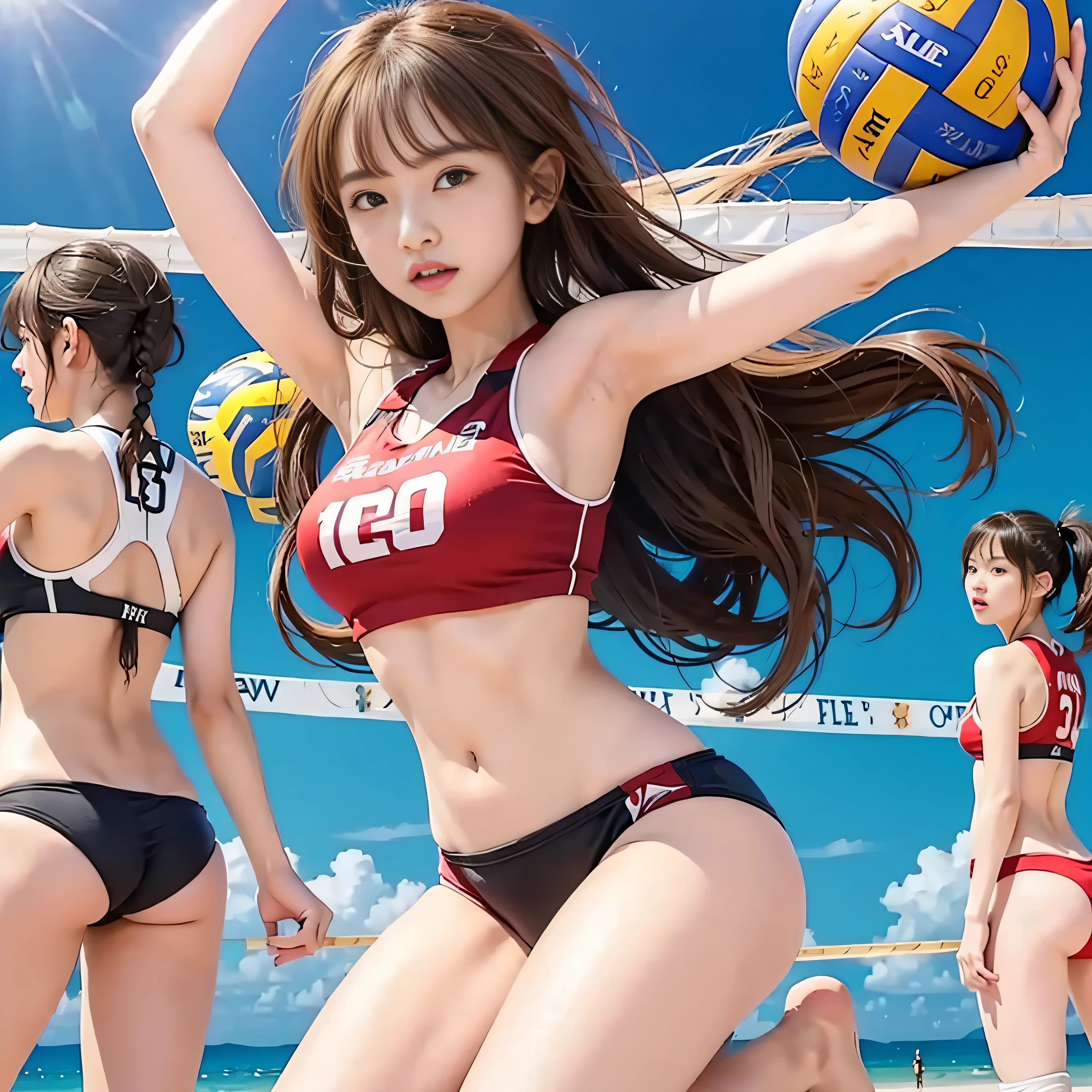 (RAW quality:1.4), 8K quality, {{10th generation women, Japanese, Hundreds of girls, Thousands of girls, Multiple girls, Many girls, Girls only, Crowd Shot, Girls are friends}}, Looking at the Viewer, Hazel Eyes, Extremely detailed, Brown hair, Blonde Hair, Red Hair, Black hair, {{blue bikini, Matching Beach Volleyball Team Bikinis, Identical Bikinis, Same color bikini:1.4}}, Beach, Beach Party, Crowd of girls, Girls Party, The happi coat is open, Best Quality, High quality, Highly detailed screencaps, Brainwashed girl、(volleyball:1.4)、