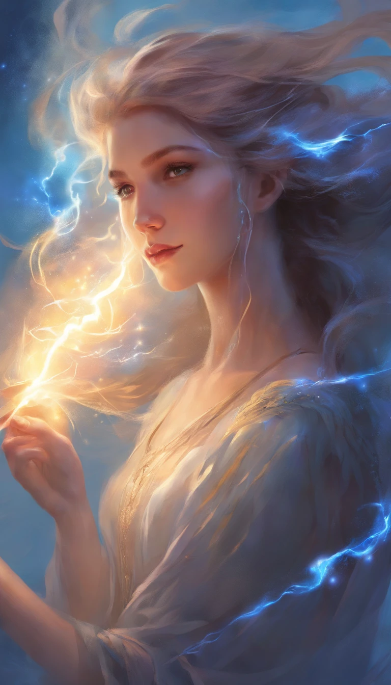 a girl, holding blue lightning flying in the up cloud