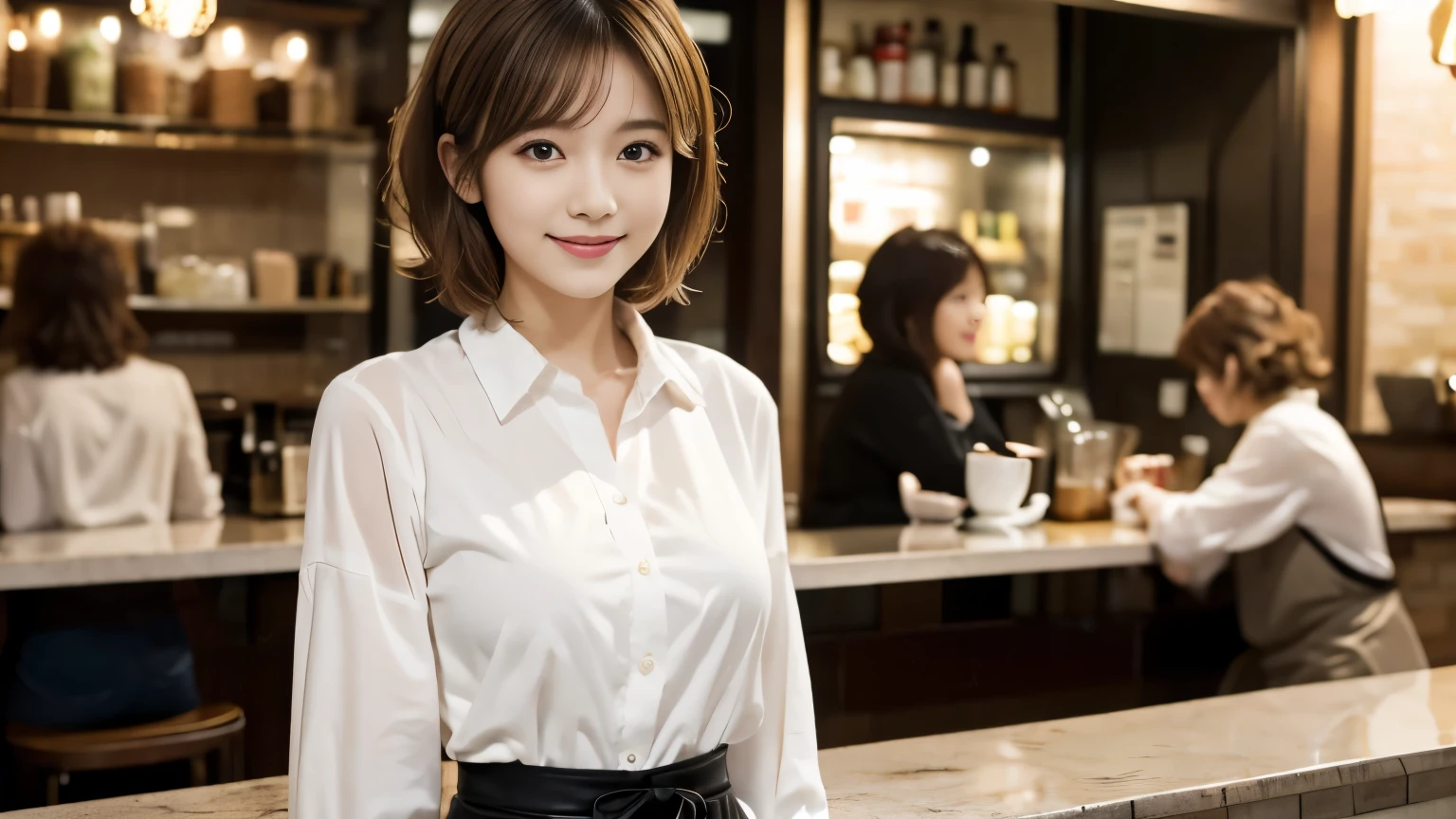 super high quality, Short Hair, Slender, Gravure photoshoot, The staff is working at the counter in the back., (8k、RAW Photos、highest quality、masterpiece:1.2), Japanese Idol, The cafe is crowded with people enjoying themselves., (Realistic、Photorealistic:1.37), Mesh Hair, Urban Cafe, Golden Ratio, Raw photo, Cute face , Light Brown Hair, Small breasts, Blurred Background, Spring Clothes, Curly Hair, Well-designed furniture, Beautiful hairstyle, White Shirt, Spoiled, Cafe Terrace, Open Cafe, 20-year-old, A kind smile, Hair blowing in the wind, Neat clothes, 
