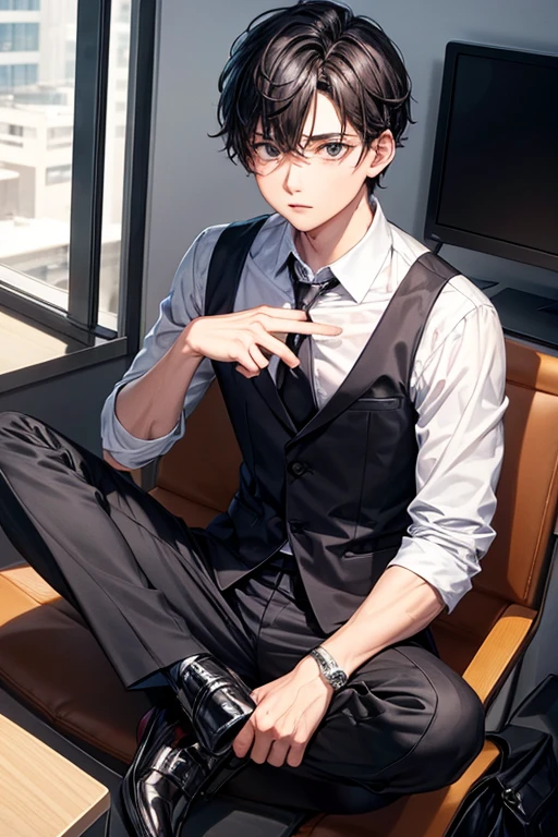 a boy is business boy wearing black shut and pant and he is in his office and sitting in meeting