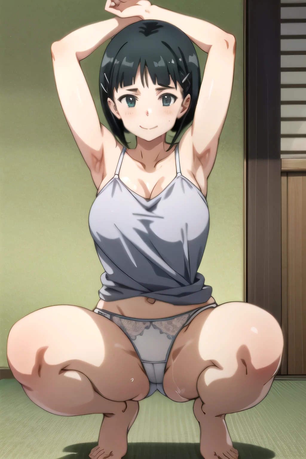 EFT_Sao_Sis, 1girl, kirigaya suguha, solo, black hair, short hair, hair ornament, smile, green eyes, hairclip, upper body, shirt, collarbone, anime coloring, sweaty, sweat, wearing lingerie, armpits, full of sweat, medium breast, wet clothes, squats from behind, full body, white lace panties