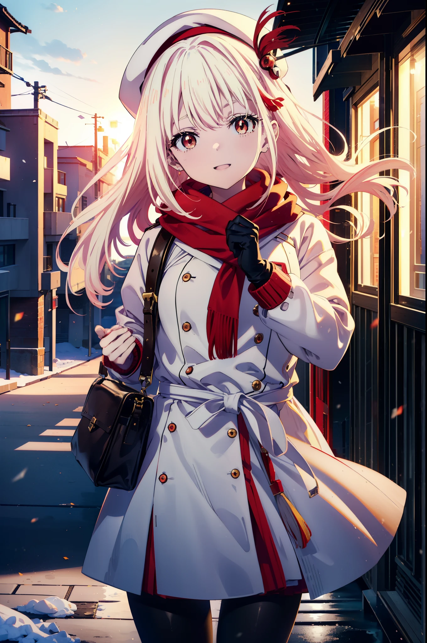 chisatonishikigi, nishikigi chisato,Long Hair , bangs, blonde, (Red eyes:1.5),happy smile, smile, Open your mouth,White knit hat,Yellow coat,Red Scarf,White Sweater,He has fluffy white gloves on both hands.,Long skirt,Black pantyhose,short boots,Shirogane World,Snow is piling up,that'it's snowing,that'it's snowing,winter,Cold Sky,moonlight,full moon,night,
break looking at viewer, whole body, Upper Body,(Cowboy Shot:1. 5)
break outdoors, cthaty,Building Street,
break (masterpiece:1.2), highest qualthaty, High resolution, unthaty 8k wallpaper, (shape:0.8), (Beautiful and beautiful eyes:1.6), Highly detailed face, Perfect lighting, Extremely detailed CG, (Perfect hands, Perfect Anatomy),