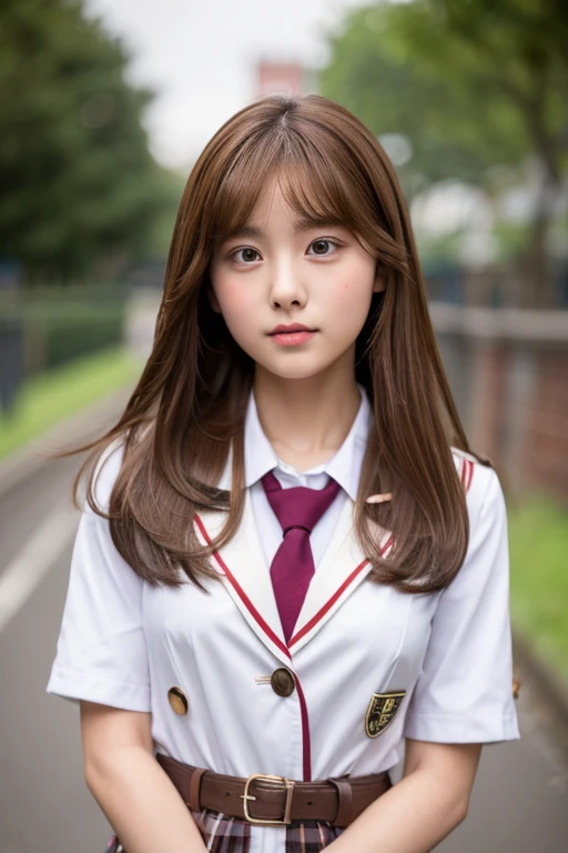 high school girl、Brown Hair、Porcelain-like skin、Large Breasts、uniform、Looking at this、
