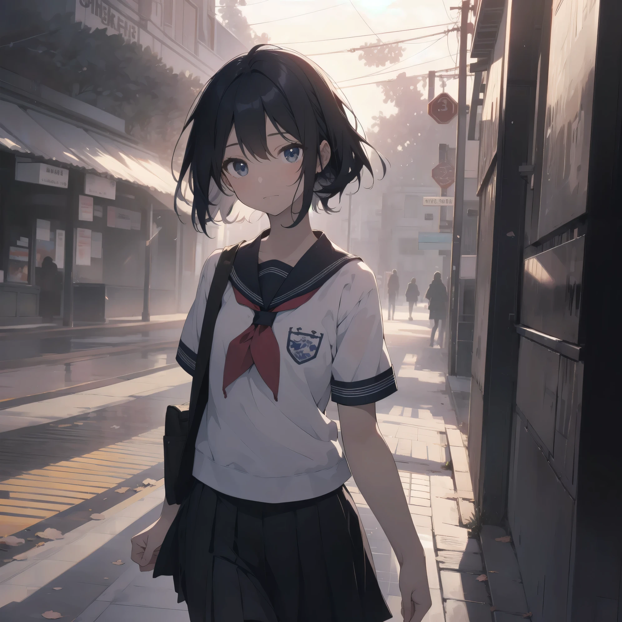 ultra-absurdres-Top quality by artist God, ultra-detailed, high resolution, anime moe artstyle, best anime 8k konachan wallpaper, pixiv contest winner, pool:2810, perfect anatomy,break, 1girl, (Please draw a girl walking to school alone. )break,(Solo,little female, 13-year-old:1.3),Full limbs, complete fingers,a junior high school student, (very short hair), short cut, flat chest, , small butt, small black eyes, beautiful detailed eyes, well-proportioned iris and pupils, expressive eyes, highres detailed hair, soft expression, school_uniform, serahuku, neckerchief, shirt, short sleeves, pleated skirt,(Detailed Lighting), (Detailed background), in the School commute route. break,super detailed skin, Best cinematic lighting powered by famous artist, 8k,beauty illustration,photoshop_(medium),very aesthetic,break,((artist:futa (nabezoko) ), artist:bolze ,artist:oyari ashito ,artist:kantoku ,