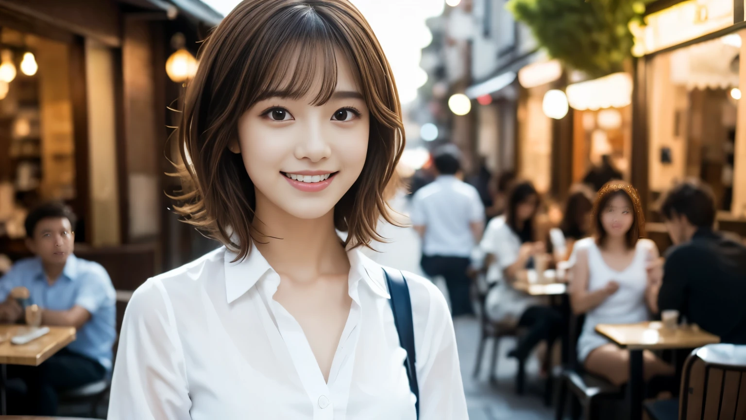 super high quality, Short Hair, Slender, Gravure photoshoot, The staff is working at the counter in the back., (8k、RAW Photos、highest quality、masterpiece:1.2), Japanese Idol, The cafe is crowded with people enjoying themselves., (Realistic、Photorealistic:1.37), Mesh Hair, Urban Cafe, Golden Ratio, Raw photo, Cute face , Light Brown Hair, Small breasts, Blurred Background, Spring Clothes, Curly Hair, Well-designed furniture, Beautiful hairstyle, White Shirt, Spoiled, Cafe Terrace, Open Cafe, 20-year-old, A kind smile, Hair blowing in the wind, Neat clothes,