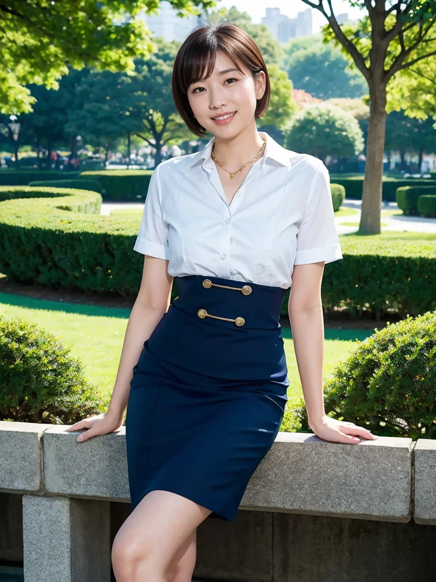 (RAW Photos:1.2), (Realistic:1.4),Beautiful detailed woman,非常にFine grainと顔, Fine grain, Very detailed,High resolution, Very detailed,highest quality,Awareness-raising,Unified,8k wallpaper,masterpiece,highest quality,1 female,alone,rich,Whole Body Ezbian,(A little chubby:0.9),Toned figure,leg meat,Narrow waist,alone,(Navy color business suit,mini skirt,High heels),jewelry necklace short hair,A kind smile,A dignified atmosphere,black eye,Realistic,Central Park , (Morning Park:1.1)