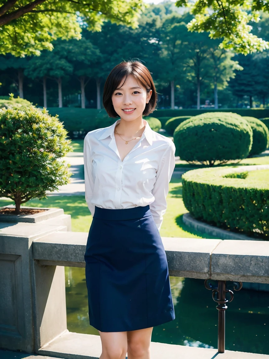 (RAW Photos:1.2), (Realistic:1.4),Beautiful detailed woman,非常にFine grainと顔, Fine grain, Very detailed,High resolution, Very detailed,highest quality,Awareness-raising,Unified,8k wallpaper,masterpiece,highest quality,1 female,alone,rich,Whole Body Ezbian,(A little chubby:0.9),Toned figure,leg meat,Narrow waist,alone,(Navy color business suit,mini skirt,High heels),jewelry necklace short hair,A kind smile,A dignified atmosphere,black eye,Realistic,Central Park , (Morning Park:1.1)
