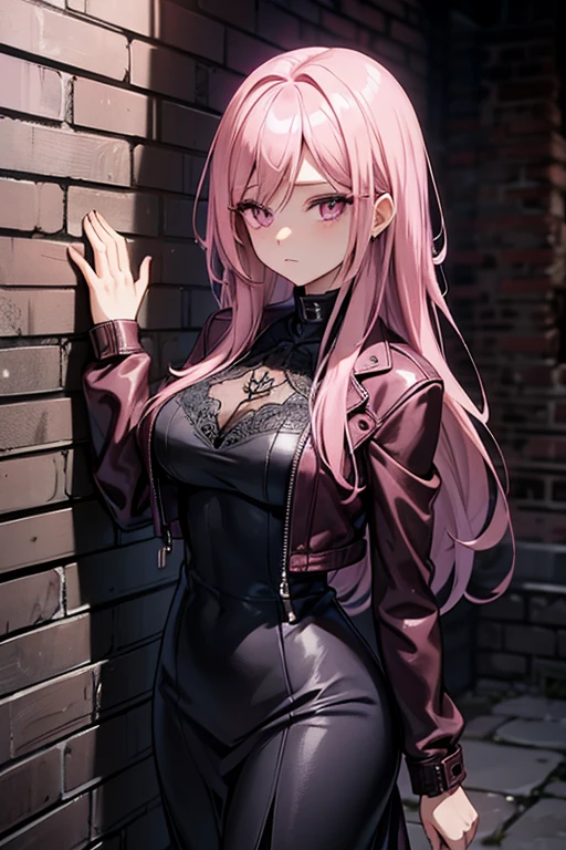 A pink haired woman with violet eyes with an hourglass figure in a leather jacket and lacy dress is leaning against a brick wall with graffiti