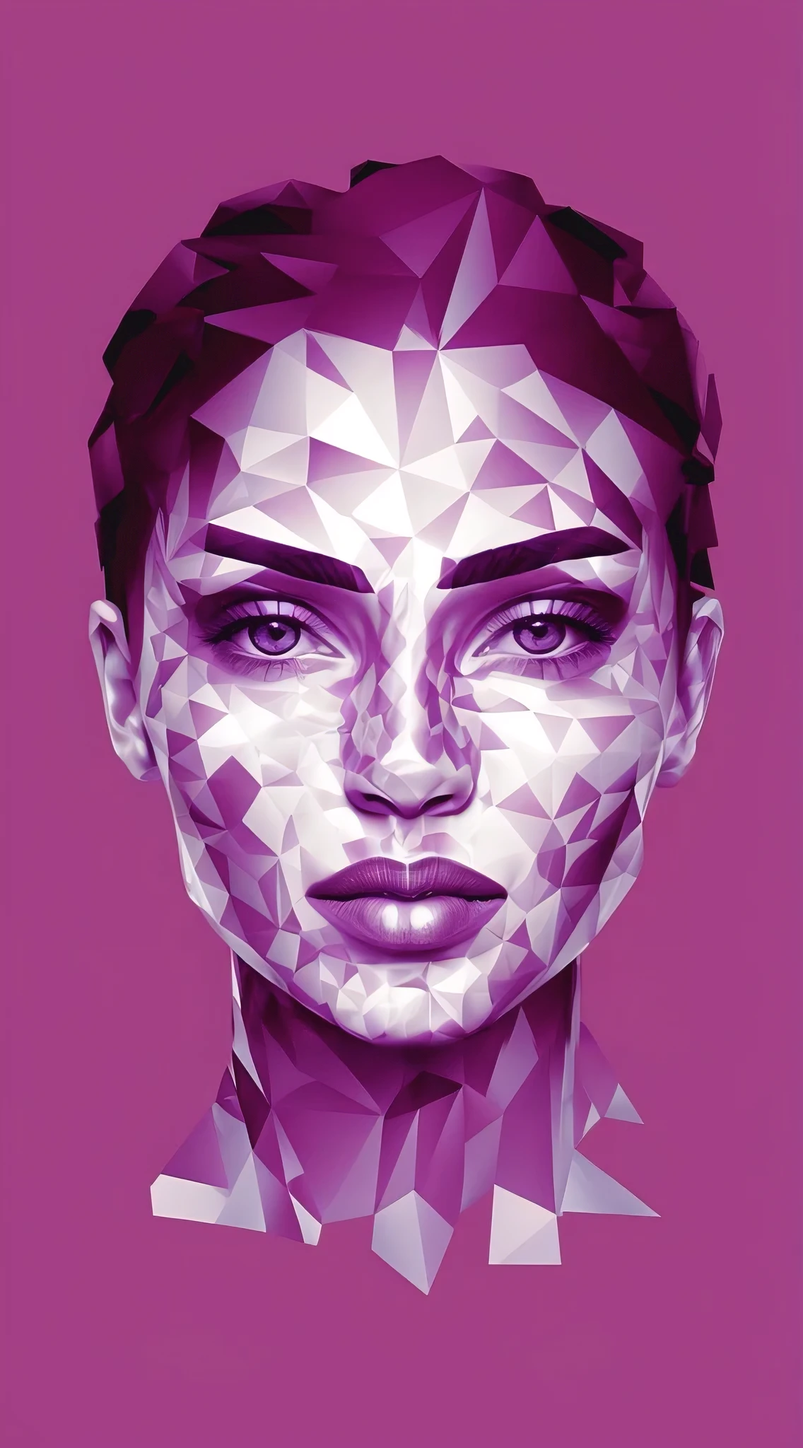 A captivating conceptual illustration of a geometric, polygonal portrait of a woman. Her face is intricately fragmented into a myriad of triangles and polygons, each featuring a unique shade of purple and white. The eyes, nose, and lips are defined and prominently outlined, while the remaining facial features are composed of a mesmerizing mosaic of shapes. The background is a solid and complementary shade of pink, creating a harmonious balance between the face's color palette and the surrounding environment., illustration, conceptual art
