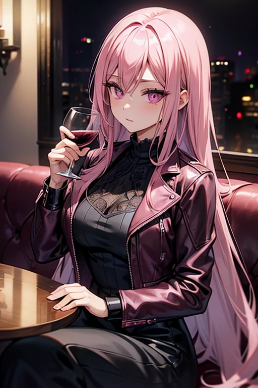 A pink haired woman with violet eyes with an hourglass figure in a leather jacket and lacy dress is drinking wine at a fancy restaurant