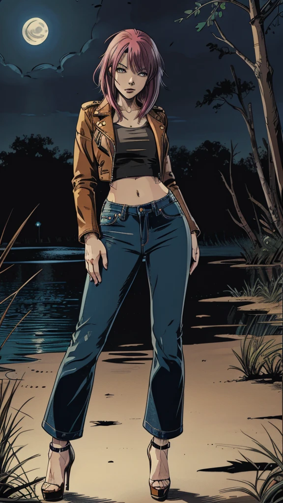 vector image, 2d cartoon,masterpiece, An anime woman,colored hair, tight ultra-long bootcut jeans, heels, leather biker jacket:1.1, provocative pose, orgasm gloomy ecstasy expression, touches herself in sensually places,near swamp, standing, crop-top,heels, looks around, night