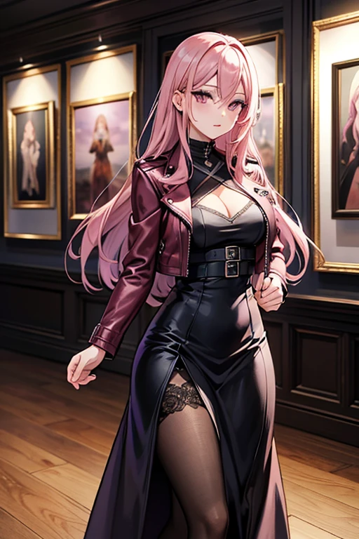 A pink haired woman with violet eyes with an hourglass figure in a leather jacket and lacy dress is walking through an art gallery