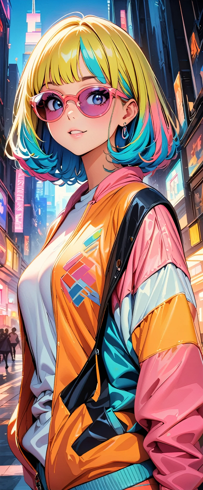(highest quality:1.2, City Pop Style, Very detailed, up to date, Vibrant, High Contrast, masterpiece:1.2, highest quality, Best aesthetics), girl, Colorful hair, Bobcut, pastel colour, 1980s style, ((The metropolis of the future, Retro, Vintage)), Logo jumper, (sunglasses).