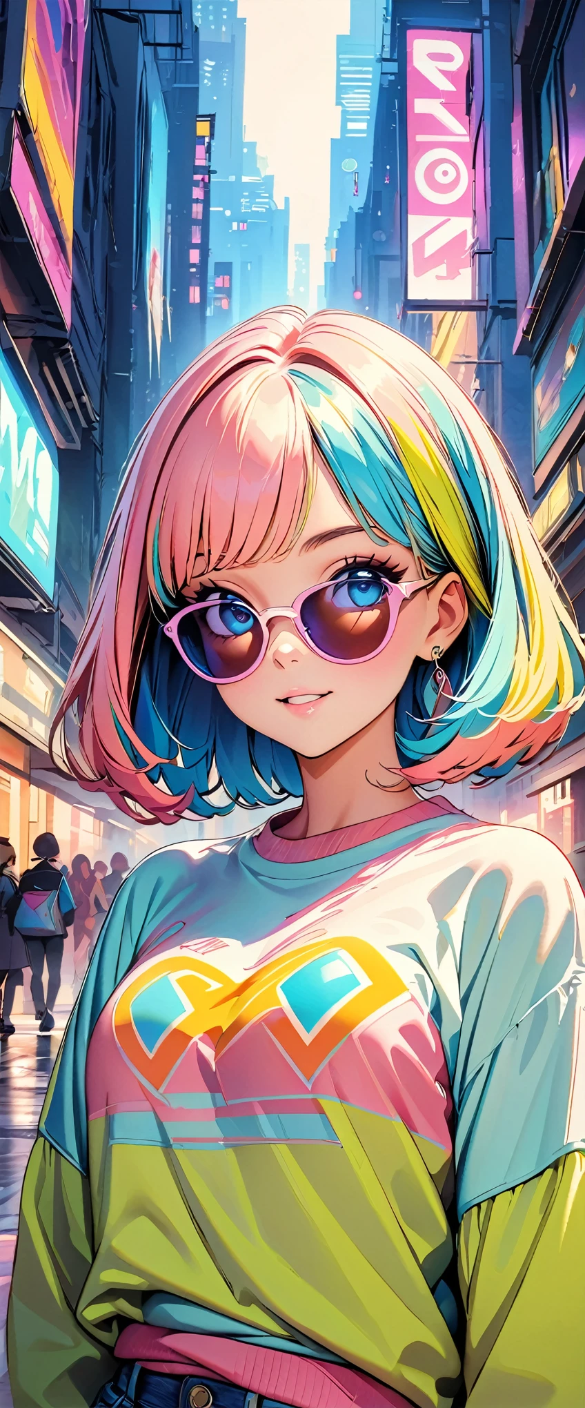 (highest quality:1.2, City Pop Style, Very detailed, up to date, Vibrant, High Contrast, masterpiece:1.2, highest quality, Best aesthetics), girl, Colorful hair, Bobcut, pastel colour, 1980s style, ((The metropolis of the future, Retro, Vintage)), Logo jumper, (sunglasses).